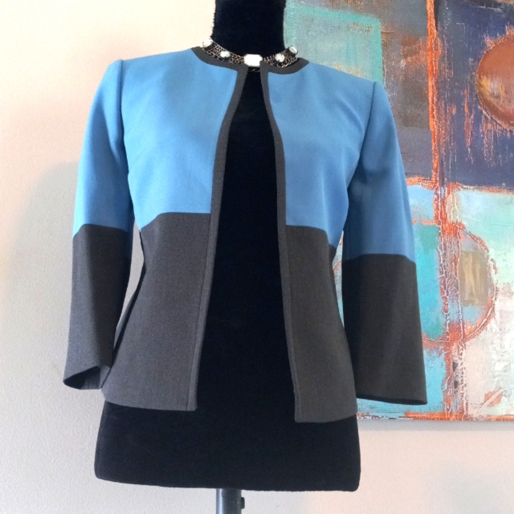 Kasper Blue & Grey Color Block Open Front Blazer … - image 4